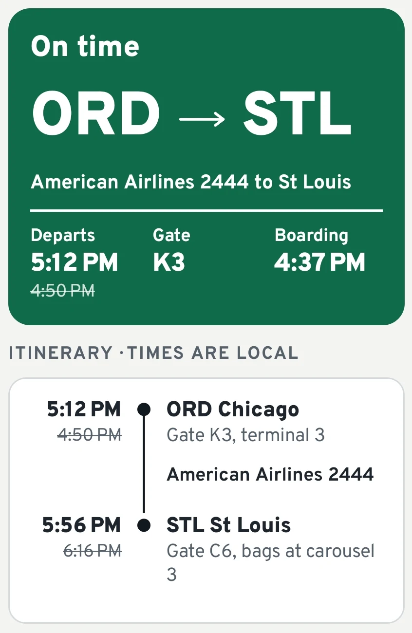 The GateResolve flight screen: a green On time card for American Airlines 2444 from Chicago O'Hare to St Louis with departure time, gate K3 and boarding time, and below it the itinerary with gate C6 and baggage carousel 3.
